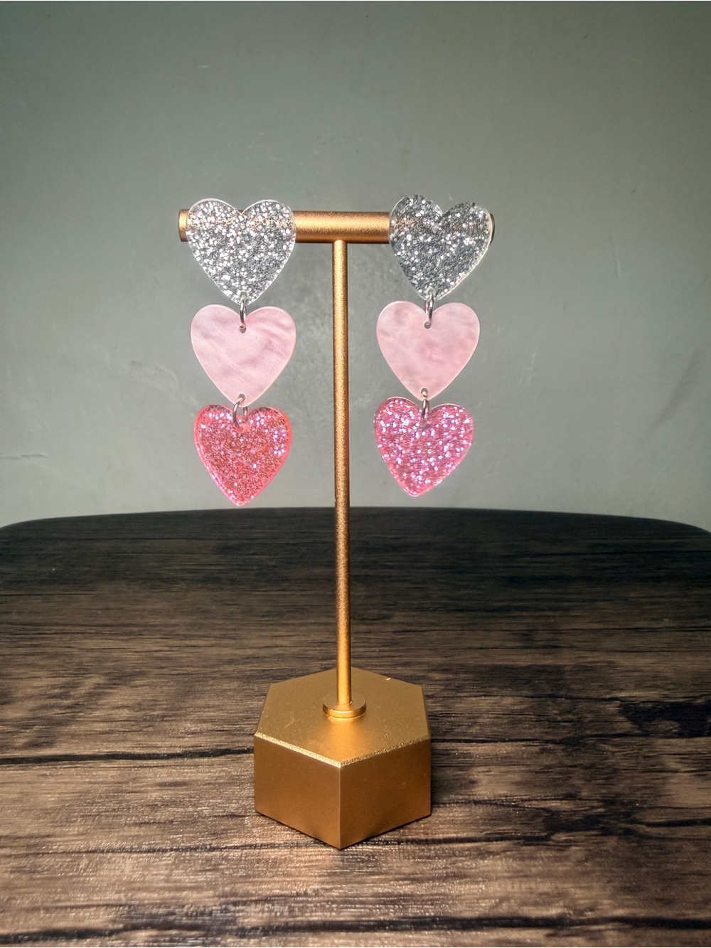 Silver, Pink and Rose Glitter Triple Heart Drop Earrings